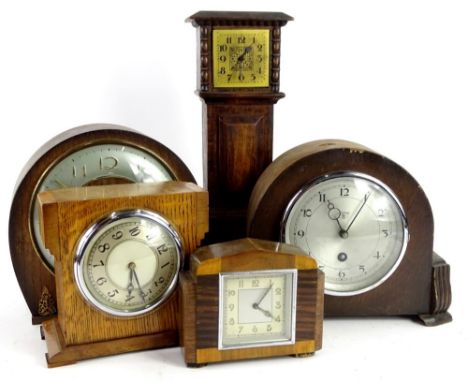 A collection of mantel clocks and timepieces, to include a miniature oak long cased clock, 31cm H, etc. (5)Provenance: This t