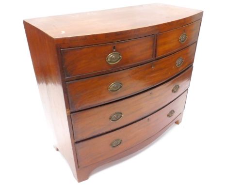 A 19thC mahogany bow fronted chest of drawers, the caddy top with a boxwood strung edge, above two short and three long drawe