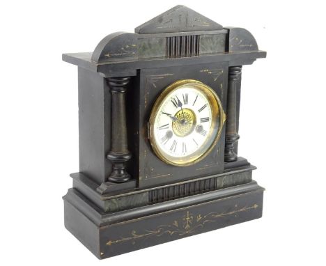 A late 19thC French style ebonised portico type clock, the enamel type dial with Roman numerals, 37cm H.