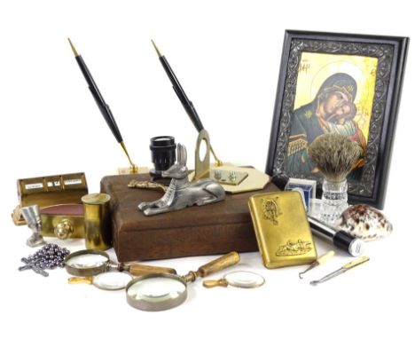 Miscellaneous items, to include an onyx desk stand, gilt metal calendar, a shaving brush, microscope lenses, modern reproduct