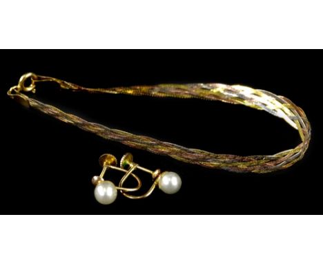 A tri-colour bracelet, with weave design bracelet, yellow metal, marked 9kt, 2g, and a pair of yellow metal and pearl earring