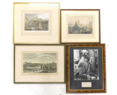 An autograph of Noel Coward, mounted and framed with associated black and white photograph, and three prints.