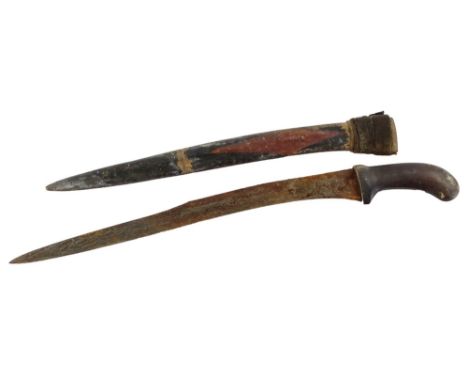 An Eastern dagger with wooden handle, slightly curved blade and painted scabbard, 55cm L.