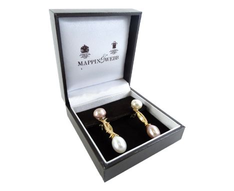 A pair of 18ct gold South Sea pearl set drop earrings, the top pink coloured pearl, set in white metal setting, with an 18ct 