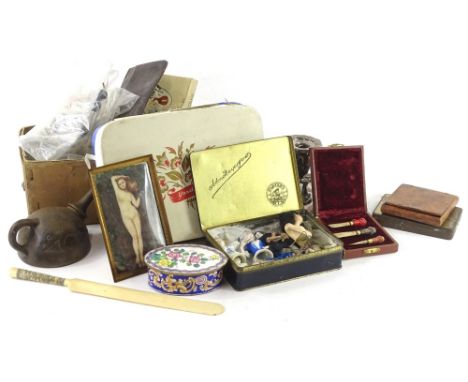 Miscellaneous items, to include an early 20thC miniature on ivory, painted with a nude, enamel box and cover, chamberstick, s