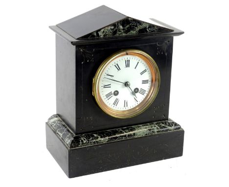 A black slate and marble portico shaped mantel clock, the white enamel dial with Roman numerals, 26cm H.Provenance: This time