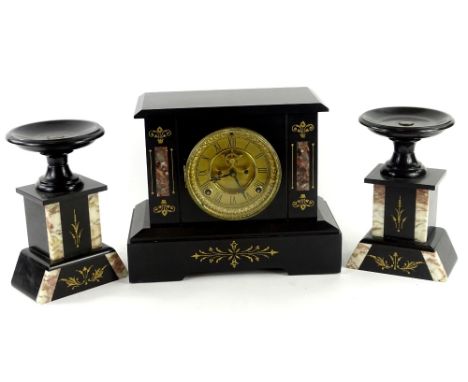 A French black slate and marble clock garniture, the clock itself with a central gilt metal dial and blackened Roman Numerals