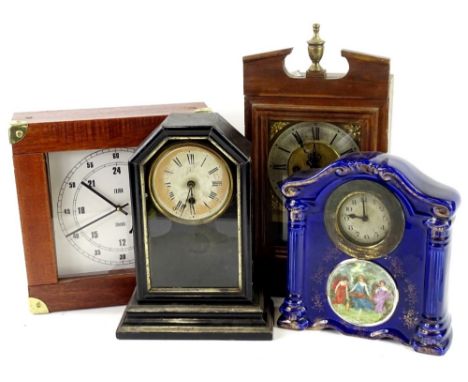 Various mantel clocks, to include an American example with ebonised case, a German wall clock, ceramic clock etc. (4)