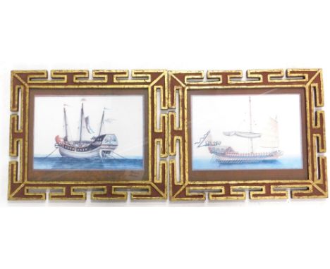 A pair of 20thC Chinese prints, each depicting junks, in elaborate frames, later reproductions, 37cm x 46cm overall.