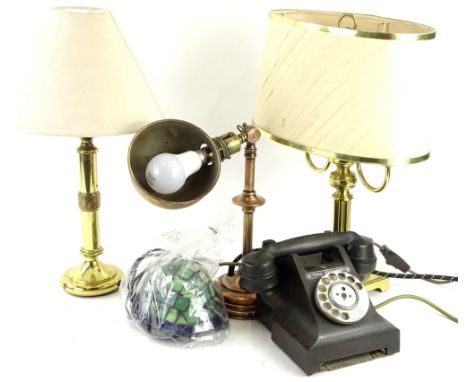 Various collectors items, to include a Tiffany style novelty tortoise table lamp, copper and brass desk lamp, telephone etc.