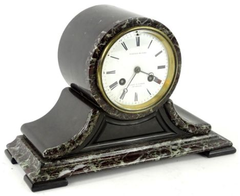 A French black slate and marble mantel clock,  the part cylindrical inset with a white enamel dial stamped Fabrique de Paris,