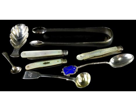 Various small silver, to include a caddy spoon with leaf shaped bowl, sugar tongs, spoons and three mother of pearl fruit kni