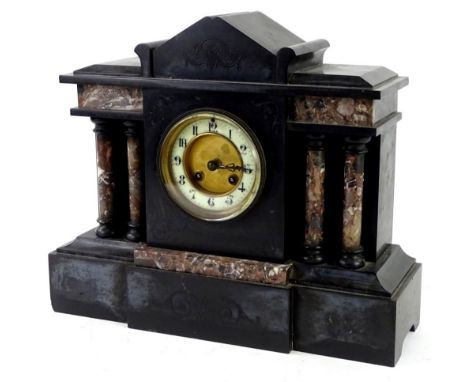 A portico type French black slate and marble mantel clock, the enamel type dial with Roman Numerals, 33cm H.Provenance: This 