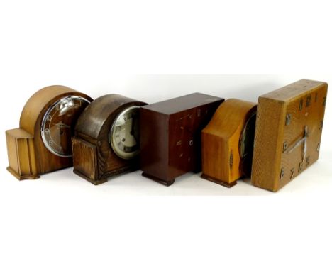 A collection of five mainly oak cased clock, to include a Smiths Sectric Art Deco example, a similar mantel clock etc.Provena