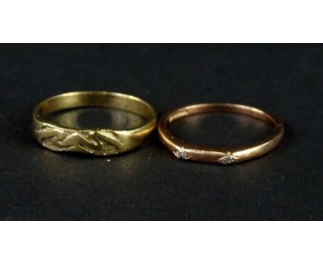 Two 9ct gold dress rings, to include one set with tiny white stones, and another with etched design ring head, 4.1g all in. 