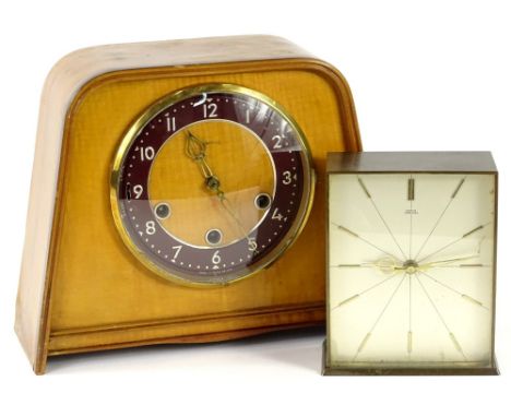 A mid 20thC Smiths walnut mantel clock, with Westminster chime, 23cm H, and a Smiths Tempora mantel clock, in a brass case, 1