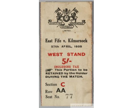 Rare East Fife v. Kilmarnock Scottish Cup final replay ticket stub, 27th April 1938

Ticket generally good