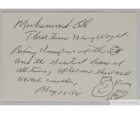 A Muhammad Ali handwritten, autographed and illustrated card, 1984, 
reading 'Muhammad Ali', three time Heavy Weight Boxing C