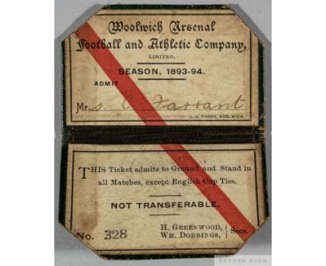 Rare first season as Woolwich Arsenal season ticket, 1893-94, 
with green covers and gilt-tooled initials WAFC, season ticket