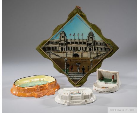 Three ceramic ashtrays being souvenirs of the British Empire Exhibition at Wembley in 1924,
two featuring the newly built Wem