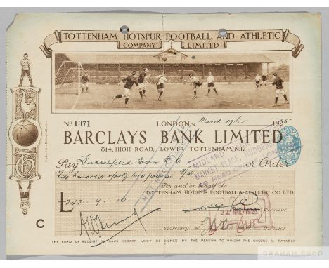 A Tottenham Hotspur Football and Athletic Company Limited cheque payable to Huddersfield Town F.C. for £242 9s 10d,
in respec