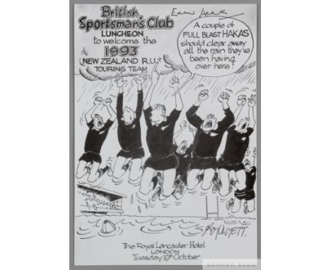 
New Zealand&nbsp;to UK 1993 rugby union&nbsp;autographed Sportsman’s Club menu, 
Superb original&nbsp;foldover banquet menu 