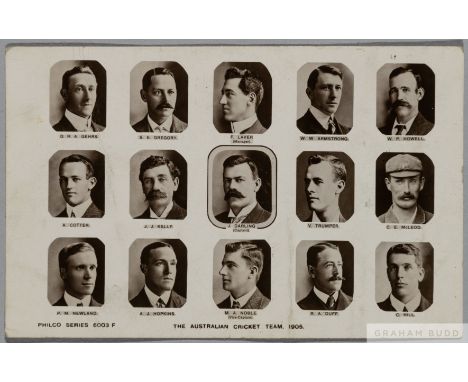 An autographed 1905 Australian Cricket Team line-up postcard, 
the reverse bearing fifteen autographs of the Australian Touri