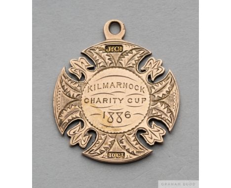 An early Scottish football medal awarded to Alex Higgins of Kilmarnock FC for the Kilmarnock Charity Cup in 1886,
10ct. gold,