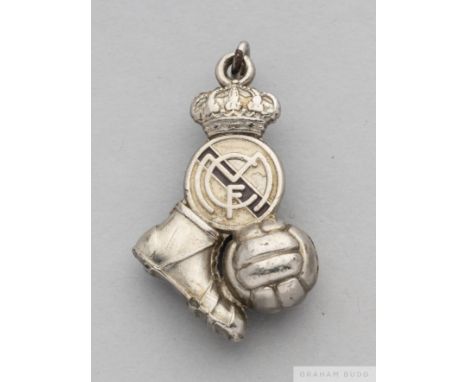 A silvered and enamel Real Madrid pendant in the form of a football boot with ball and club crest with a crown and suspension