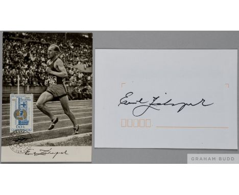 Emil Zatopek Czech. 5,000m &amp; 10,000m 1952 Olympic Gold Medallist original signature,
black pen, full signature, to the bl