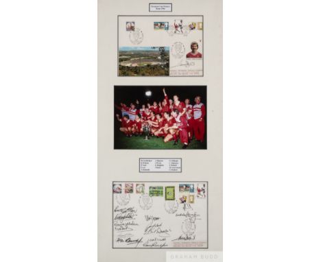 Liverpool European Cup Winners Rome 1984 photograph with two signed FDC's display,
central colour team photograph, 16.5 by 24