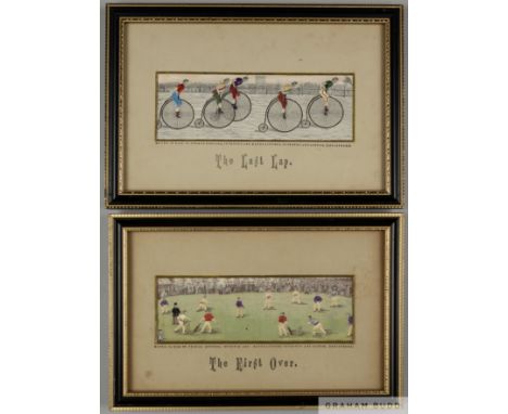 Two Victorian silk Stevengraphs,&nbsp;
comprising The First Over,&nbsp; 2 by 6in. and The Last Lap, 2 by 6in. both framed (2)
