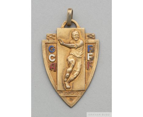 Raymond Kopa yellow-metal and enamel 1953 French Division 1 Championship medal,&nbsp;
the obverse inscribed GCA, FFF, the rev