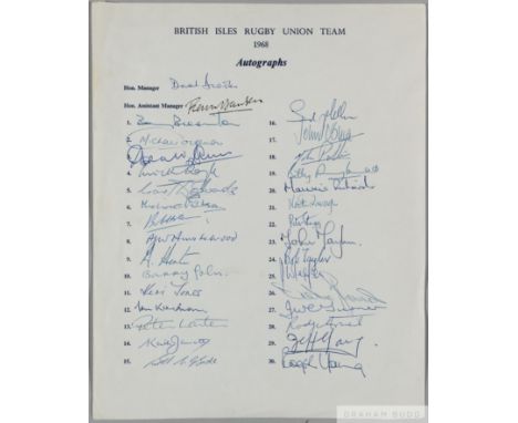 Signed autograph page of the British Isles rugby union team tour to South Africa in 1968,
signed in ink by squad members and 