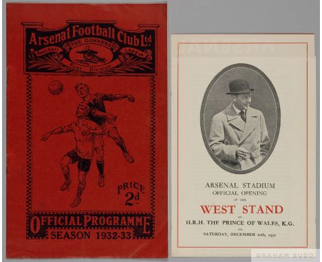 Arsenal v. Chelsea, Opening of West Stand match programme, 10th December 1932, 
with white fold out leaflet commemorating the