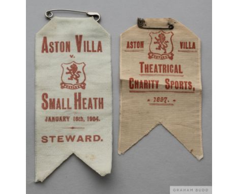 Two Aston Villa Steward's ribbons,&nbsp;
both in silk and bearing the Aston Villa FC crest, the first inscribed Theatrical Ch