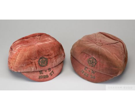 Two 1920s England amateur international caps awarded to Frank Twine of Middlesbrough FC,
rose coloured, the first for the mat