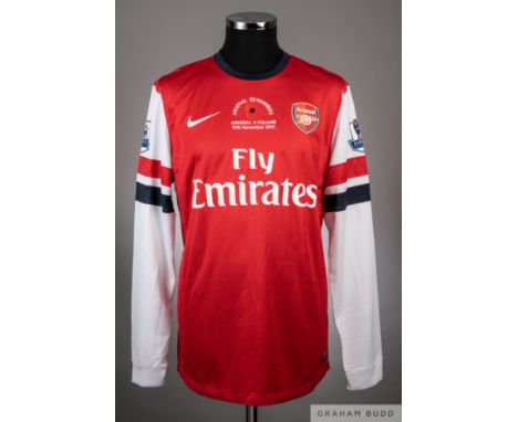 Per Mertesacker red Arsenal no.4 jersey 2012-13 season from the game v Fulham that took place on 10/11/12 at the Emirates sta