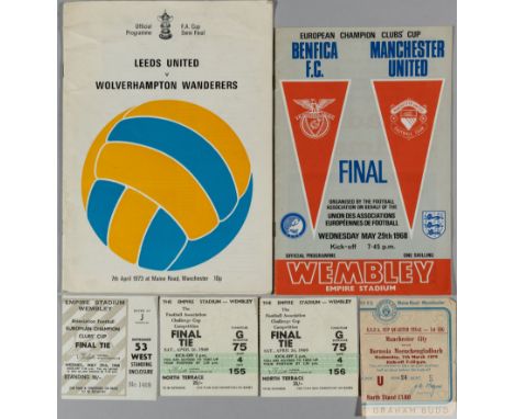Beneficia&nbsp;v. Manchester United 1968 European Cup final match programme, 29th May 1968, 
ticket stub, two F.A. Cup final 
