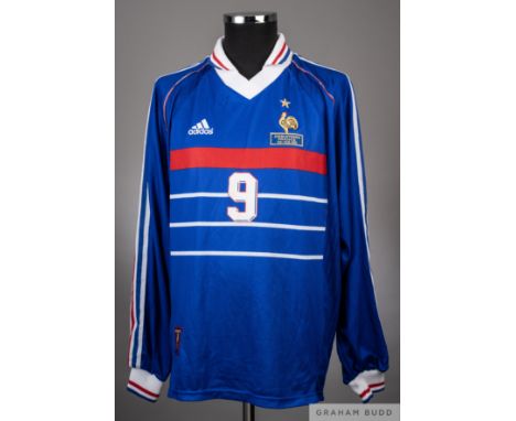 Lilian Leslandes blue Adidas France no.9 home jersey from the friendly game v England 10/2/99 at Wembley Stadium,&nbsp;&nbsp;