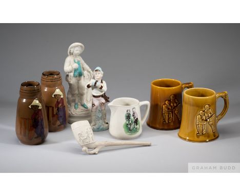 Collection of cricket ceramics&nbsp;
including two bisque figures of a 18th century boy holding a bat and ball, a clay pipe, 