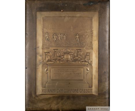 A rare and important plaque presented to Jules Rimet, 1931 by the French Football Association,&nbsp;
presented to the 'Father