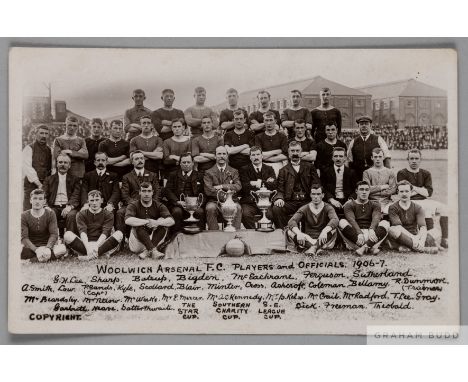 Woolwich Arsenal 1906-07 rare original sepia photographic football postcard,
published in Plumstead, London, 1906, depicting 