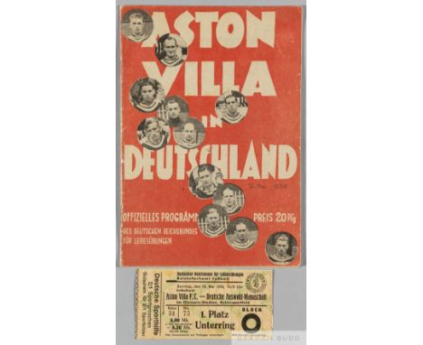 Aston Villa programme played at Olympic Stadium on 15th May 1938,&nbsp;
sold with ticket, the German side was featured one Ge