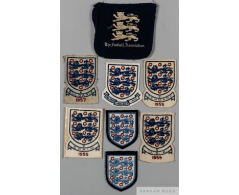 Four England International shirt badges, 
comprising Spain, 1955, Denmark, 1955, Bulgaria, 1957, U.S.A., England 'B' v Yugosl