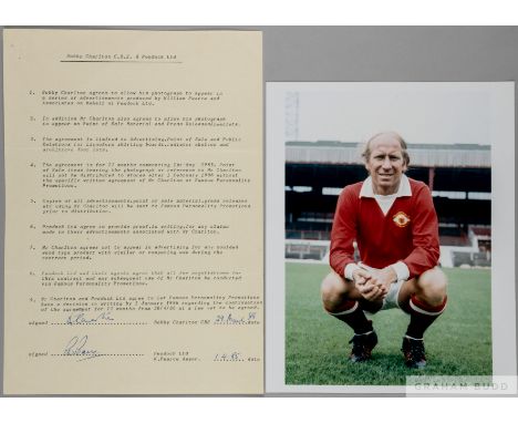 Bobby Charlton: signed and dated (29th March 1985) advertising image rights contract between Bobby Charlton and William Pearc