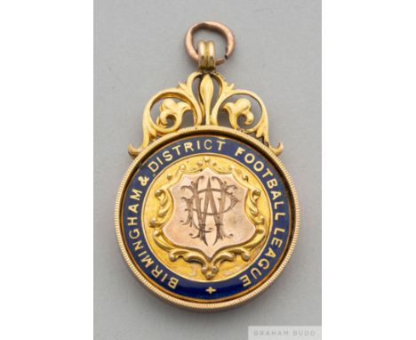 Bristol Rovers 9ct gold medal for Birmingham &amp; District Football League awarded to W. Pickering,
obverse with blue enamel