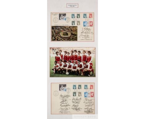 Liverpool European Cup Final Paris 1981 photograph with two signed FDC's display,&nbsp;
central colour team photograph, with 