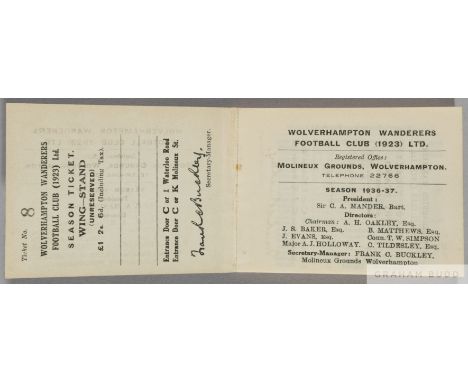 Wolverhampton&nbsp;Wanderers&nbsp;season&nbsp;ticket&nbsp;for 1936-37,

Good condition