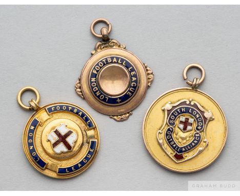 Three 9ct gold and enamel football medals for football in London,&nbsp;
comprising the first inscribed London Football League